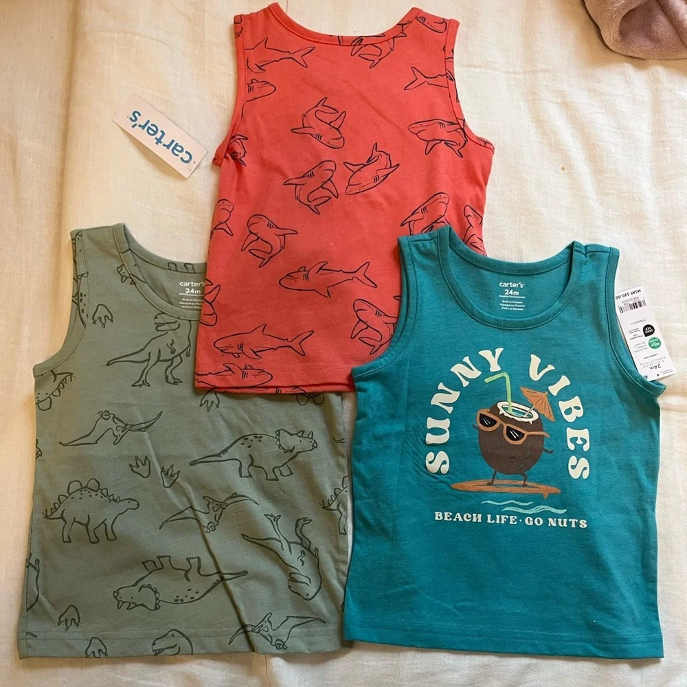 NWT Carter’s 3 Tank Top Sleeveless Shirts Toddler Baby Boy Summer Beach Dino